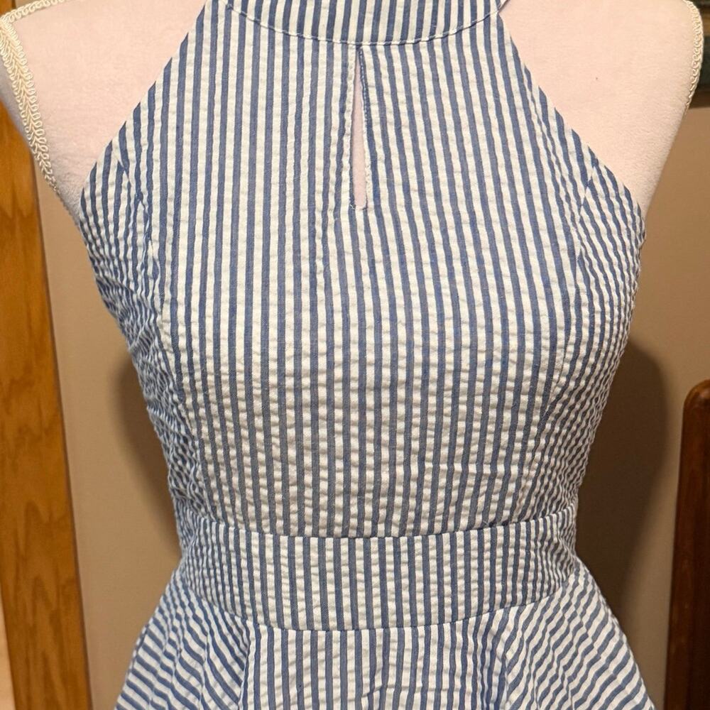 Smak Parlour Seersucker Striped Halter Dress S Small Blue White Pom Pom Keyhole